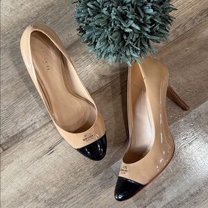 Coach Nora Nude Patent Leather Pumps with Black Cap Toe 9